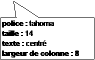 Rectangle: police : tahoma 
taille : 14
texte : centr
largeur de colonne : 8