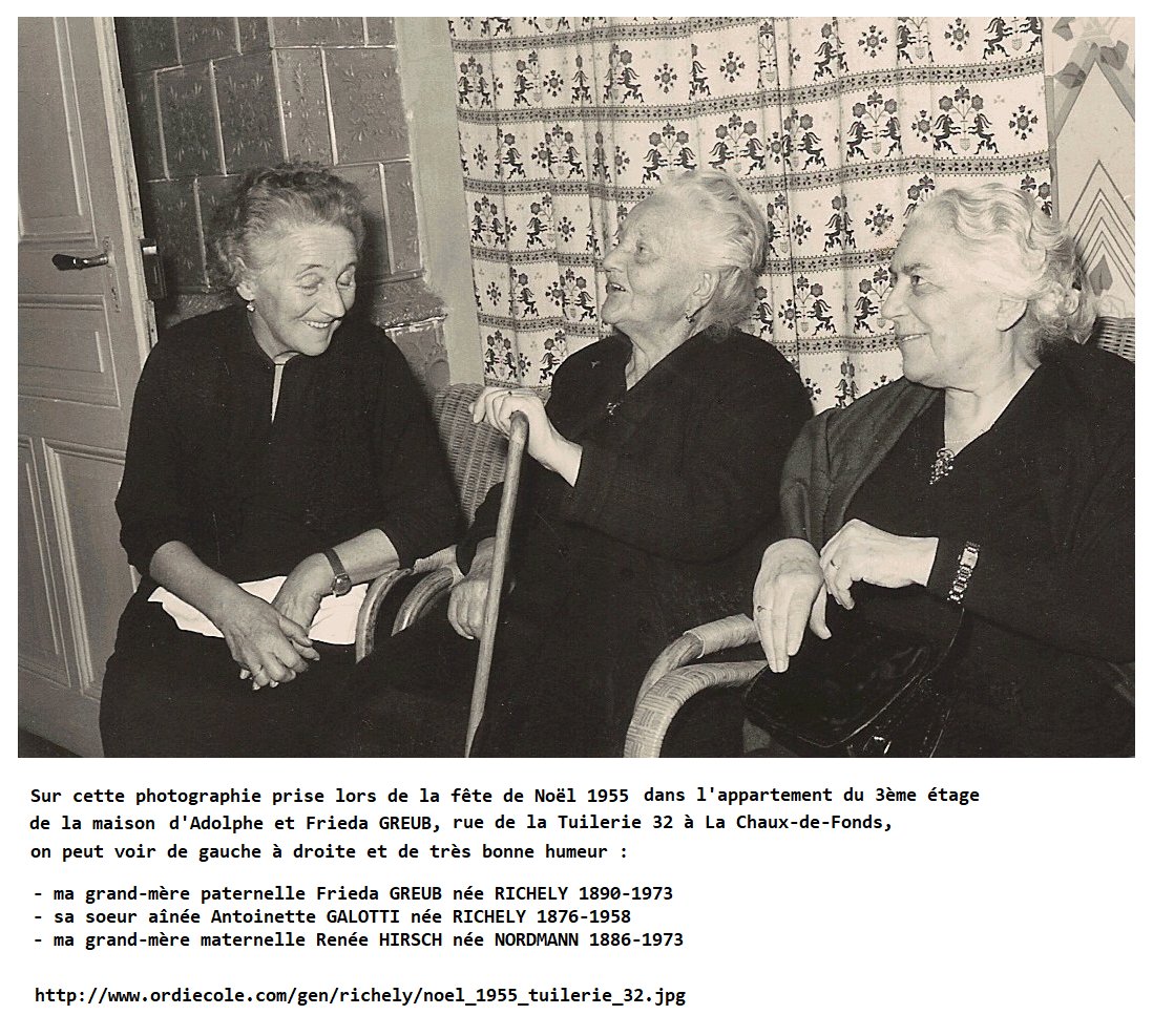de gauche  droite : Frieda Greub ne Richely (1890-1973), Antoinette Gallotti ne Richely (1876-1958) et Rene Hirsch ne Nordmann (1886-1973), rue de la Tuilerie 32, fte de Nol 1955